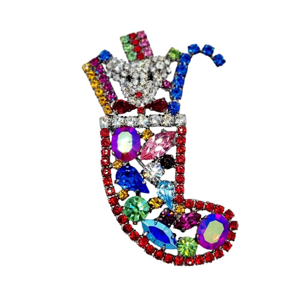 Nicky Butler Rare Teddy Bear Christmas Stocking Brooch Pin Crystal Rhinestone 145$